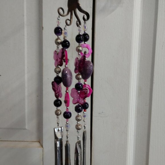 Pink/Purple Beaded Butterfly Upcycled Recycled Silverware Windchime - Picture 5 of 10